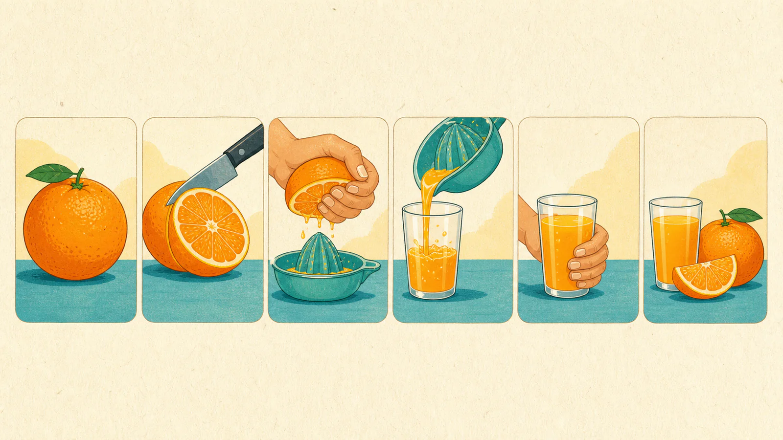Sequência de seis quadros mostra uma laranja se transformando em suco