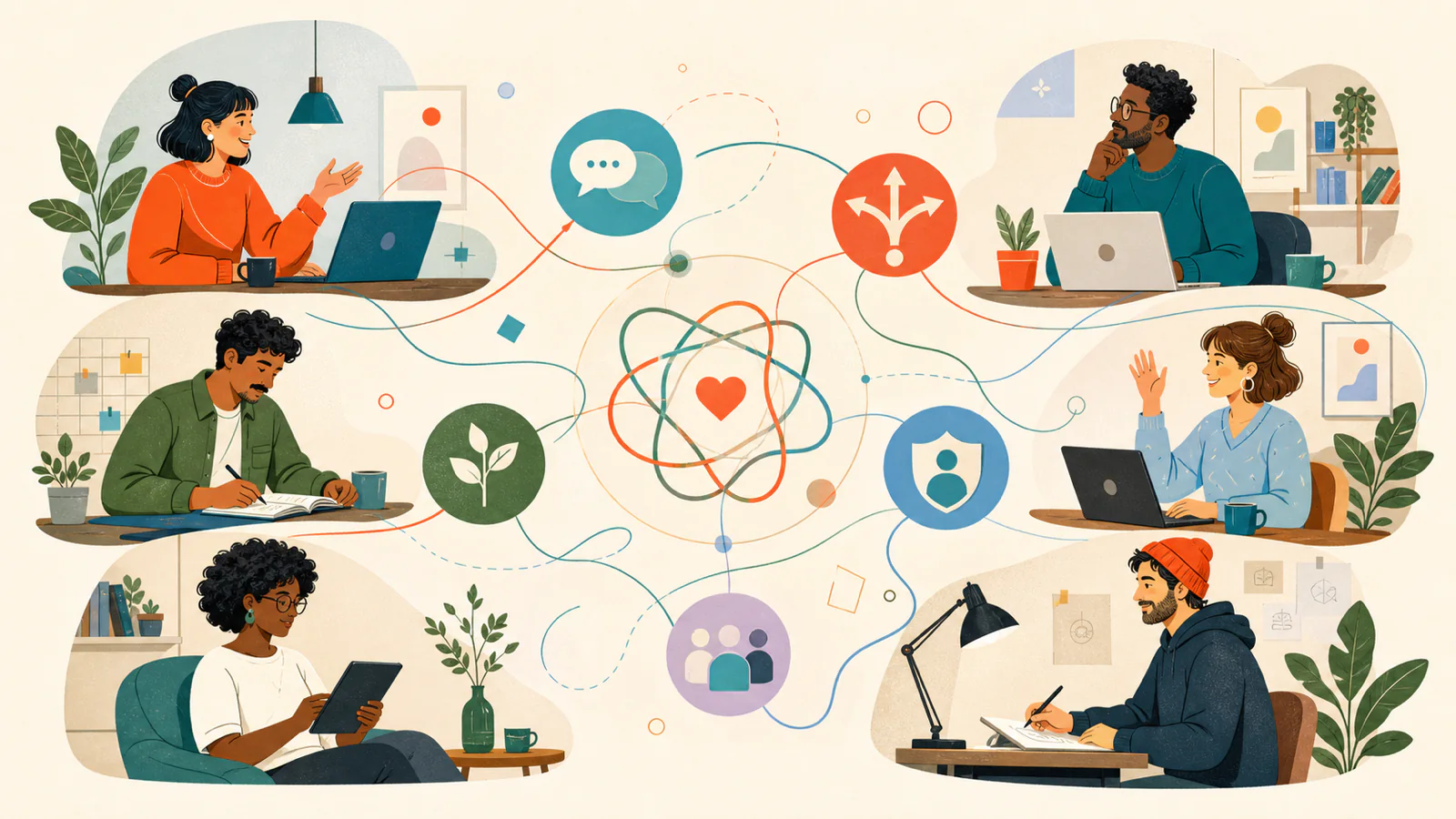 Ilustração conecta profissionais distribuídos por conversas, decisões, confiança, aprendizagem e crescimento
