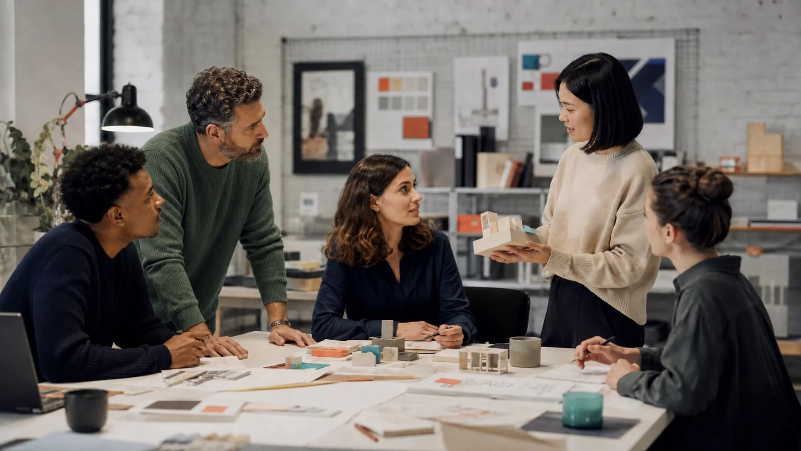 Equipe diversa escuta uma profissional que apresenta uma solução durante o trabalho cotidiano