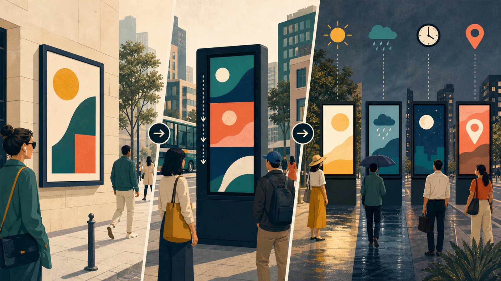 Ilustração compara mídia OOH estática, DOOH digital e DOOH programático