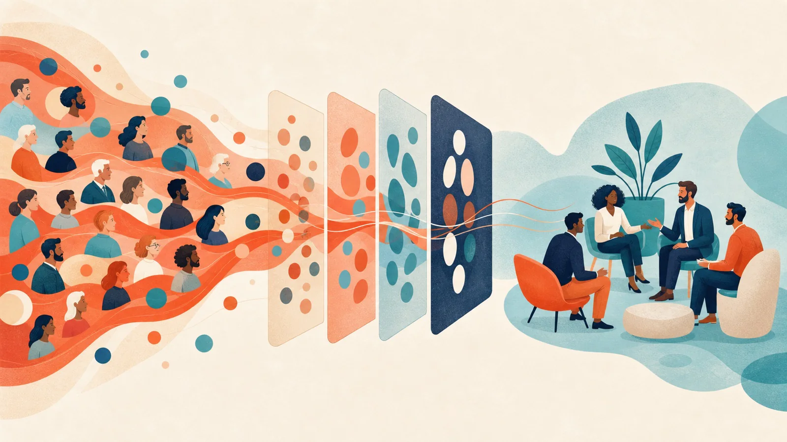 Ilustração mostra uma audiência ampla passando por critérios até formar um grupo menor de leads B2B qualificados