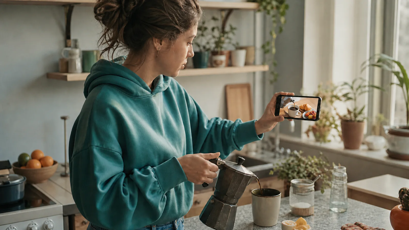 Mulher prepara café enquanto assiste a um comercial de café da manhã no celular