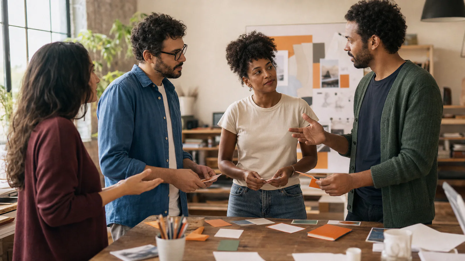Equipe multidisciplinar discute alternativas em um estúdio criativo durante uma decisão de trabalho