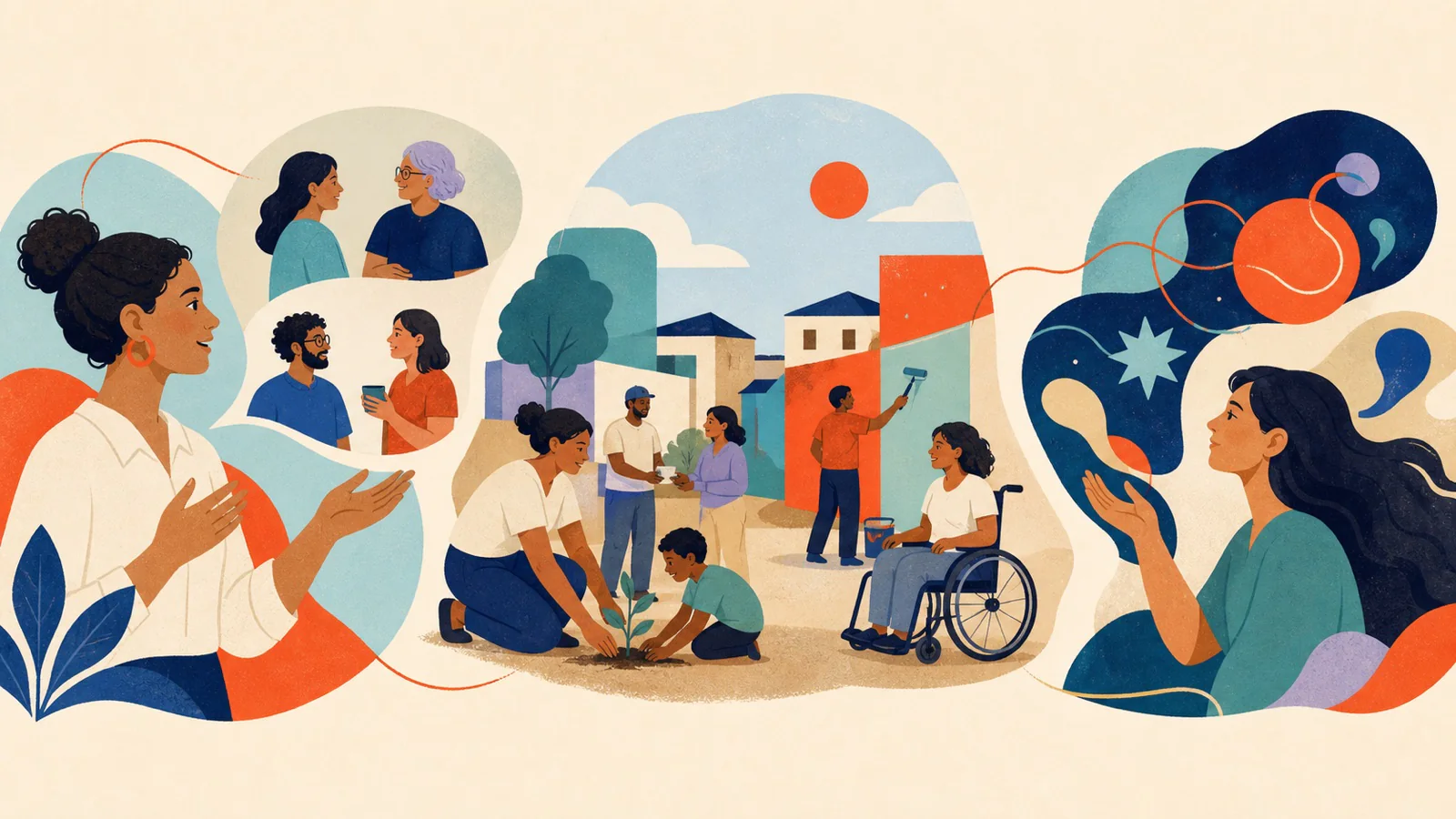 Ilustração conecta histórias de pessoas, impacto comunitário e metáfora visual para uma campanha de fim de ano
