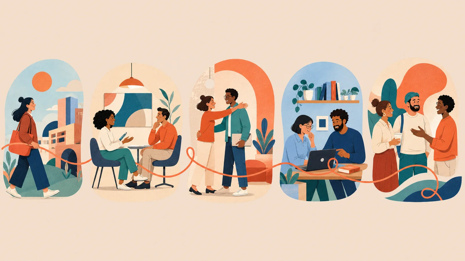 Ilustração conecta atração, processo seletivo, onboarding, desenvolvimento e compartilhamento de experiências