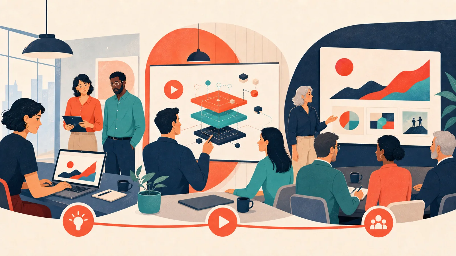 Ilustração apresenta vídeo em descoberta, explicação da solução e prova comercial na jornada de compra B2B