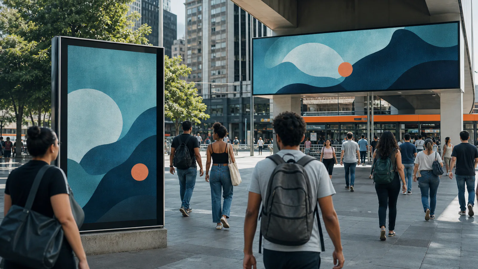 Painel estático e tela digital compartilham a mesma identidade em praça urbana