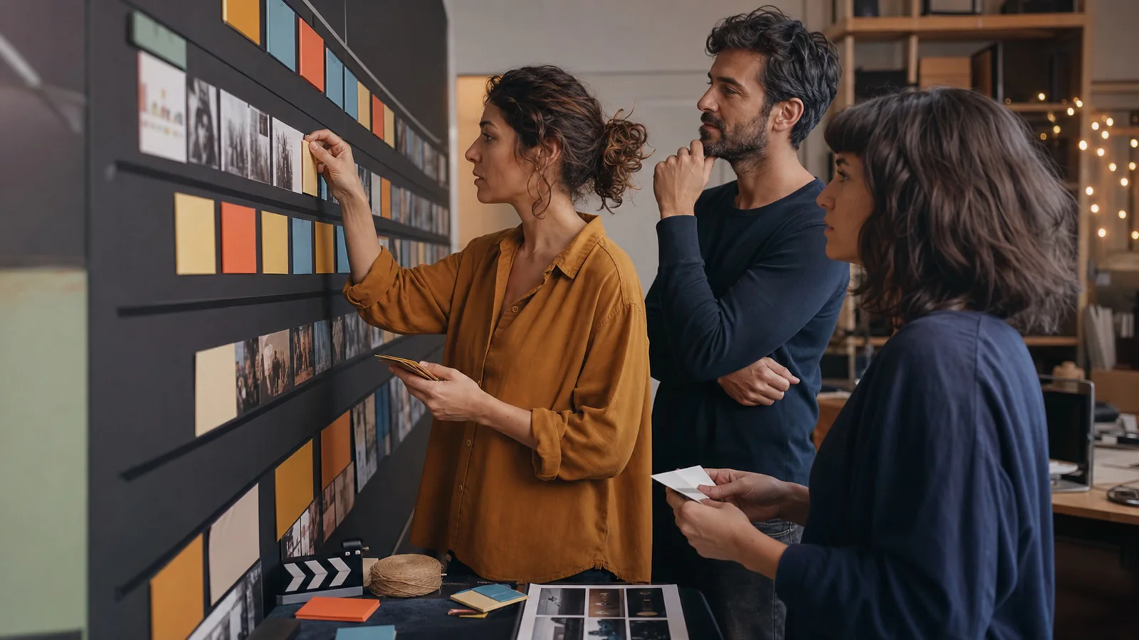 Equipe organiza cartões, storyboard e etapas de um cronograma de produção audiovisual para o fim do ano
