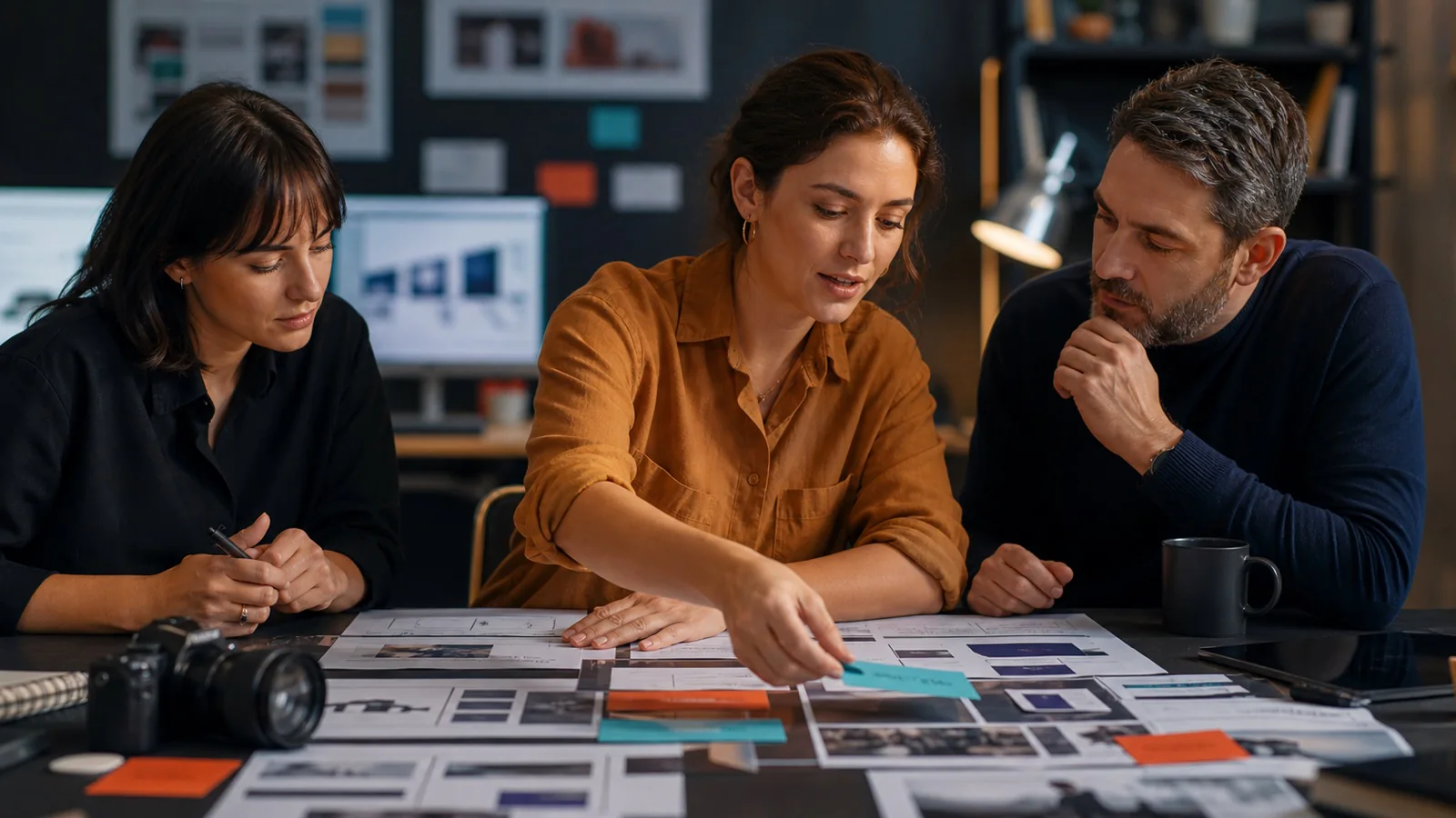 Equipe organiza wireframes, storyboard e blocos de conteúdo para uma landing page B2B com vídeo