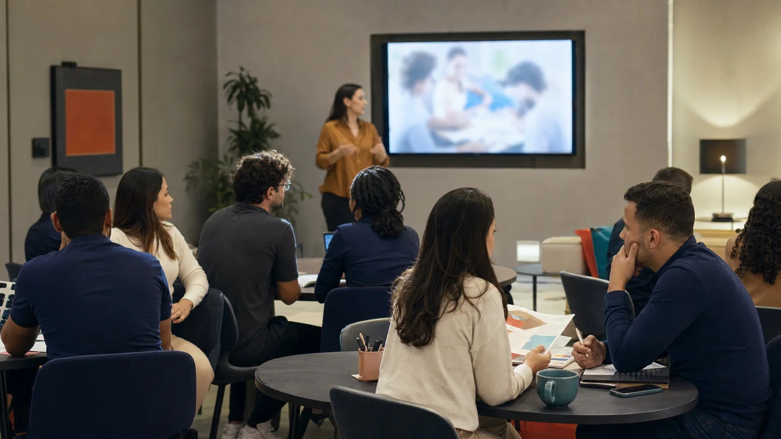 Facilitadora apresenta conteúdo audiovisual enquanto novos colaboradores conversam em pequenos grupos