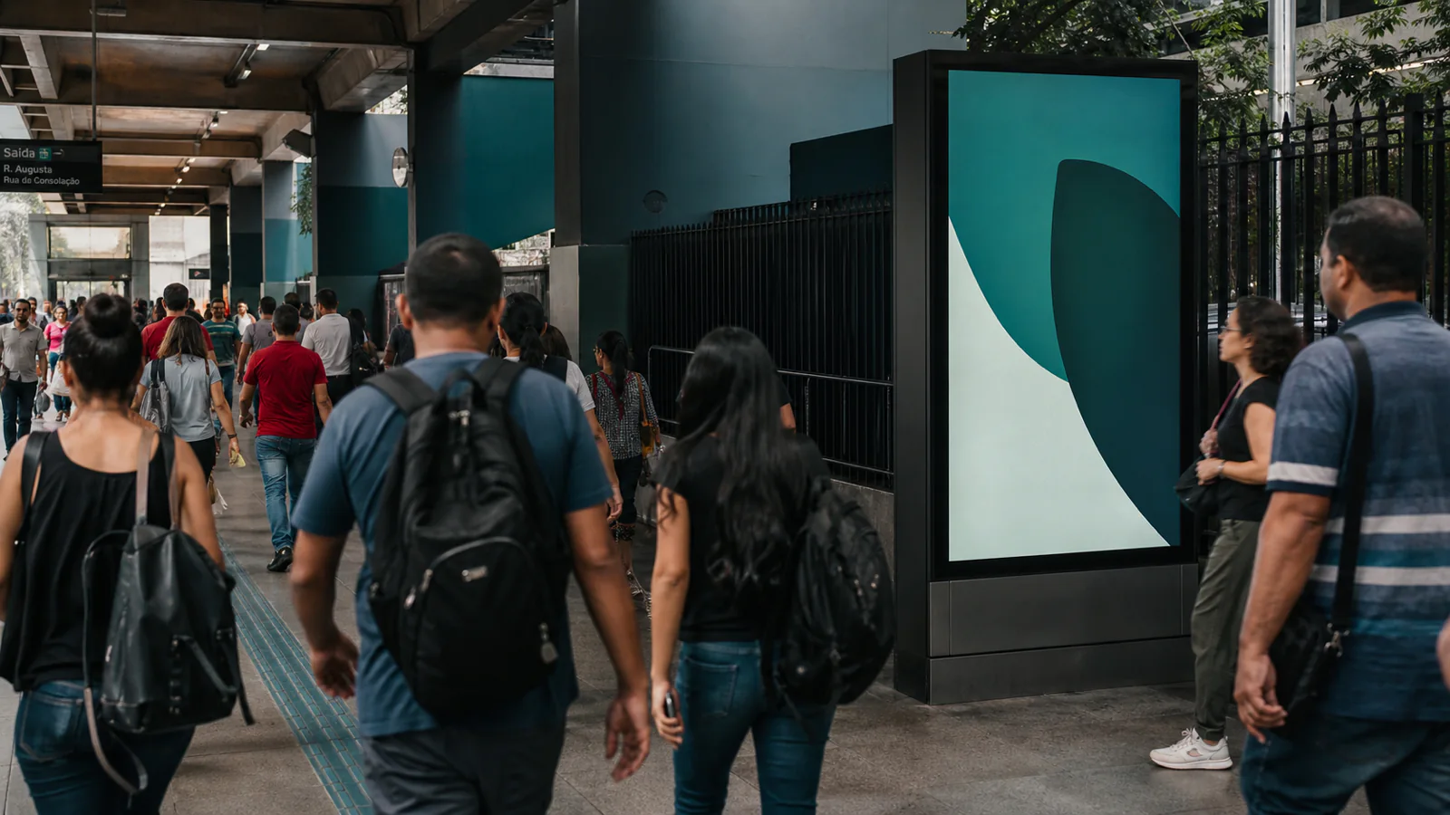 Pedestres passam por painel digital em corredor urbano movimentado