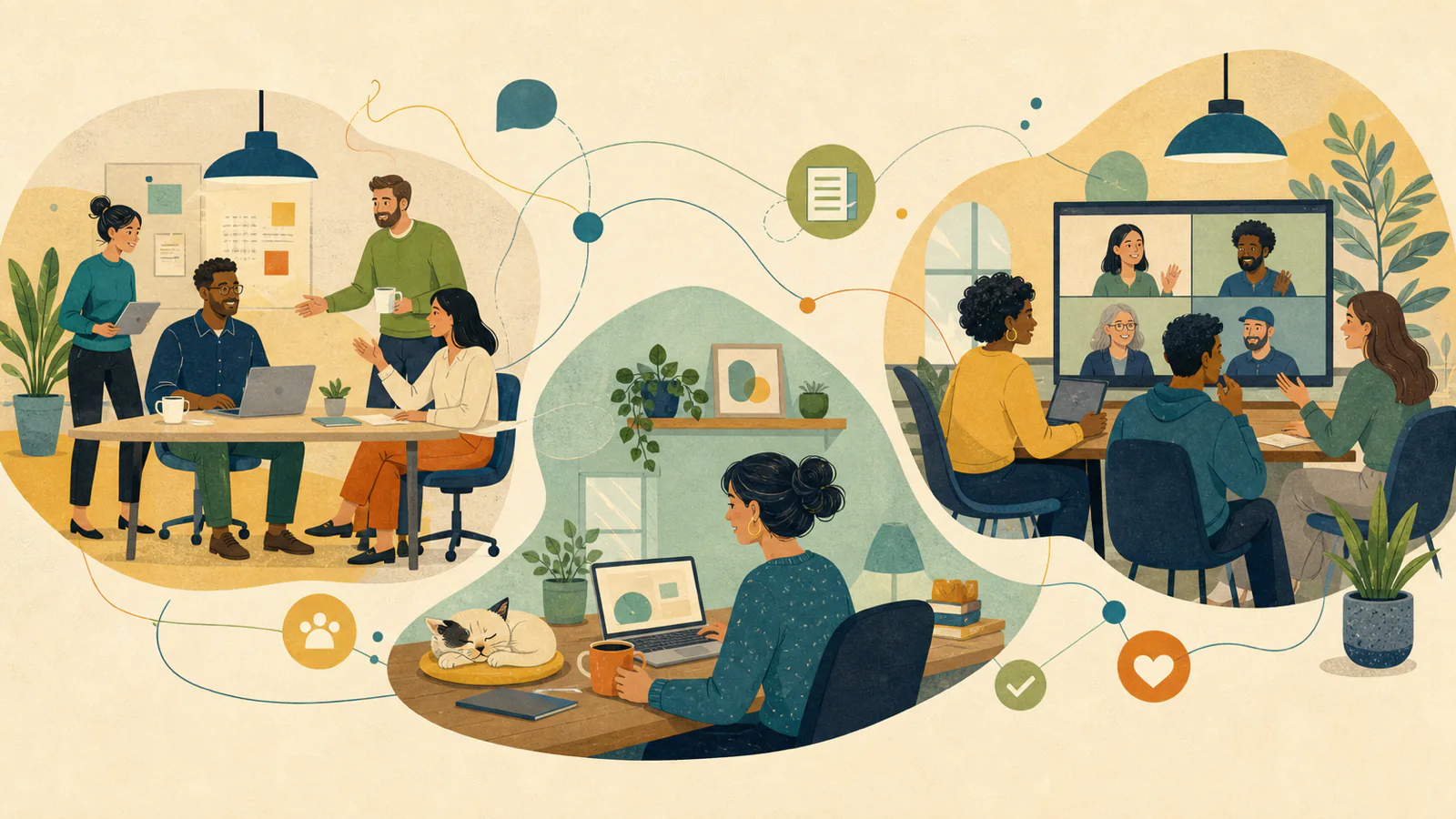 Ilustração conecta equipes em escritório, em casa e em reunião híbrida
