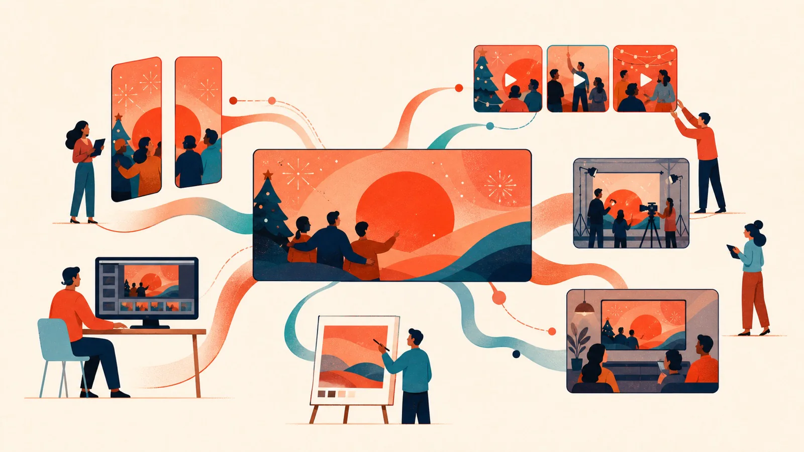 Ilustração mostra um filme principal adaptado para vídeos verticais, cortes, bastidores e comunicação interna