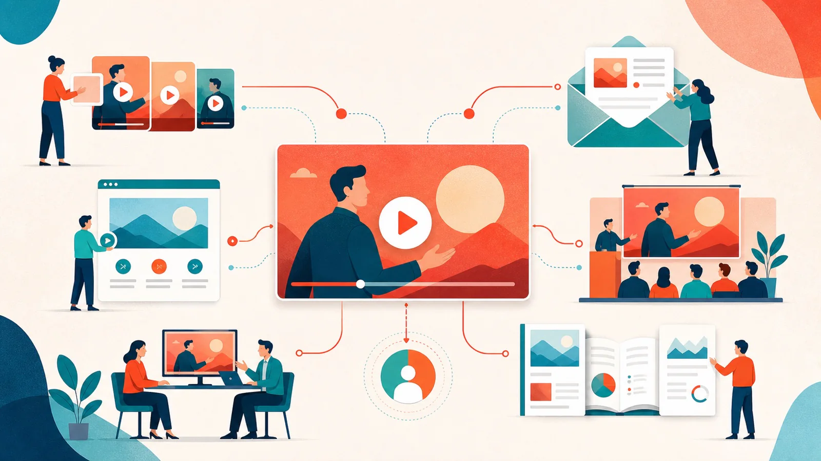 Ilustração mostra um projeto de vídeo adaptado para conteúdo curto, e-mail, página, evento e apresentação comercial