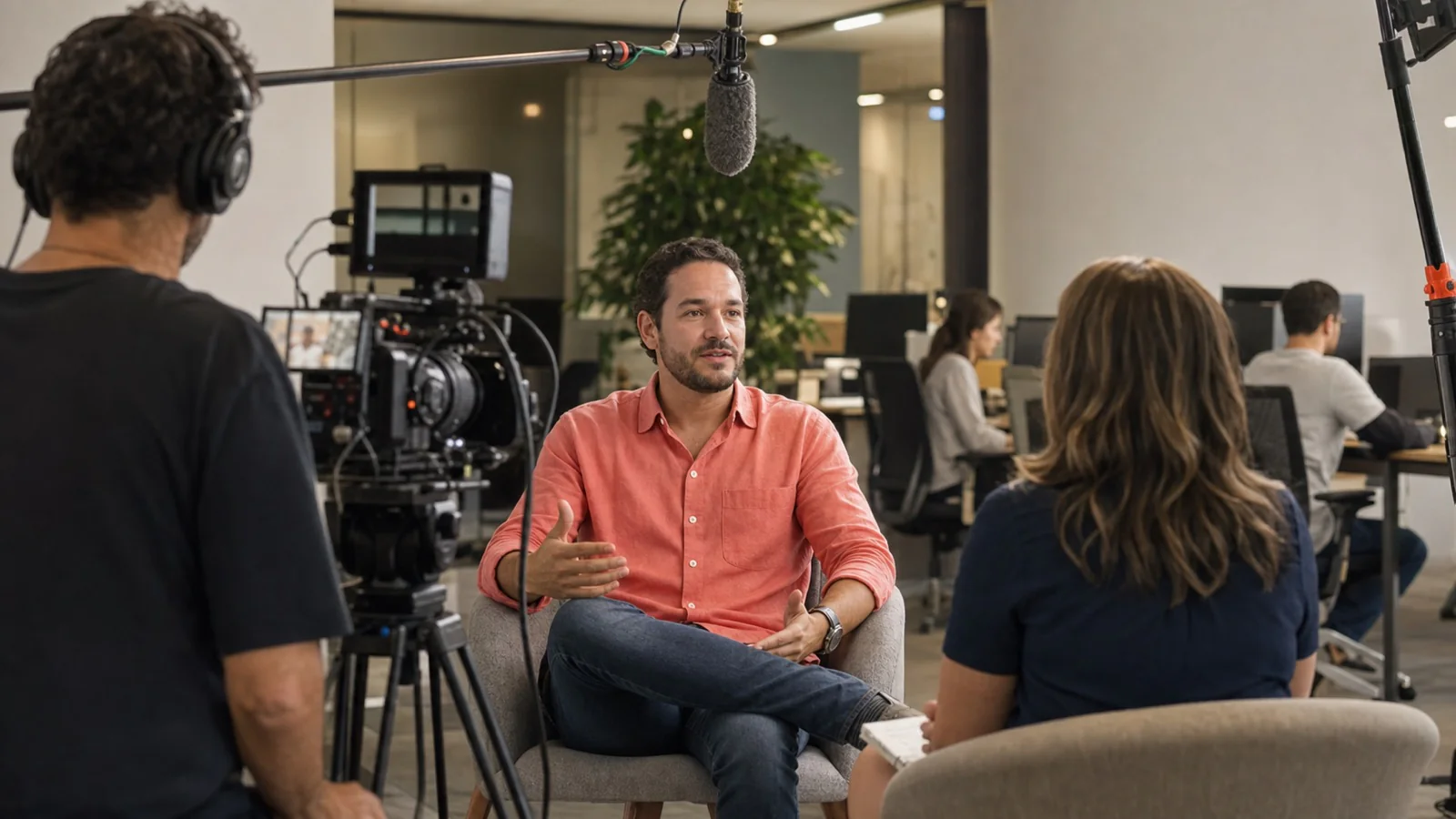 Colaborador de camisa coral participa de entrevista documental com câmera e microfone boom em ambiente de trabalho