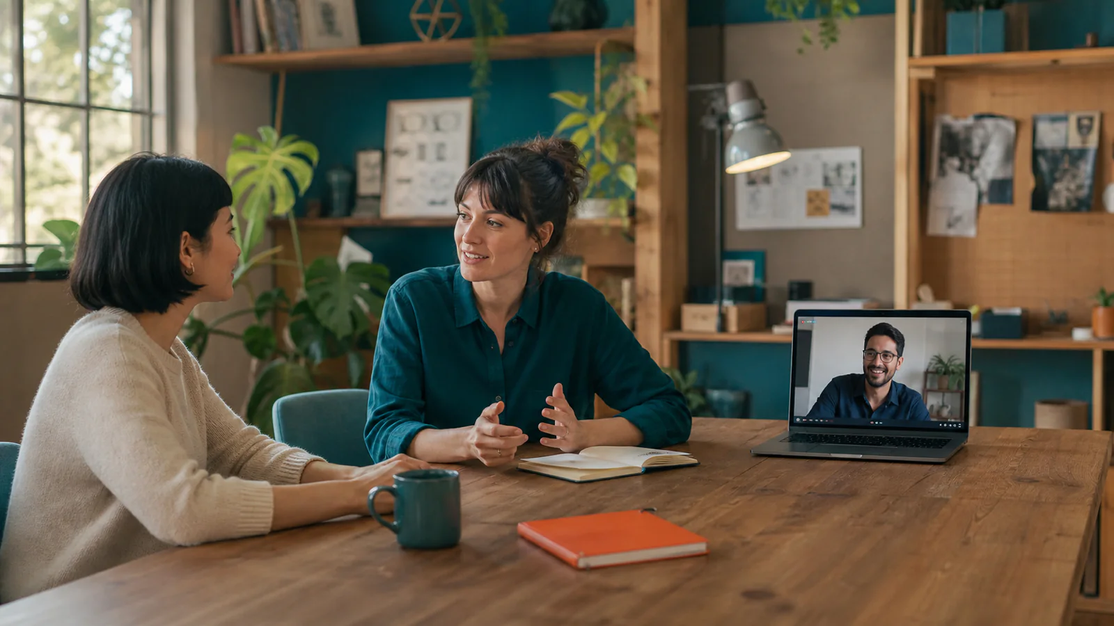 Mentora conversa com novo colaborador enquanto uma pessoa participa por notebook