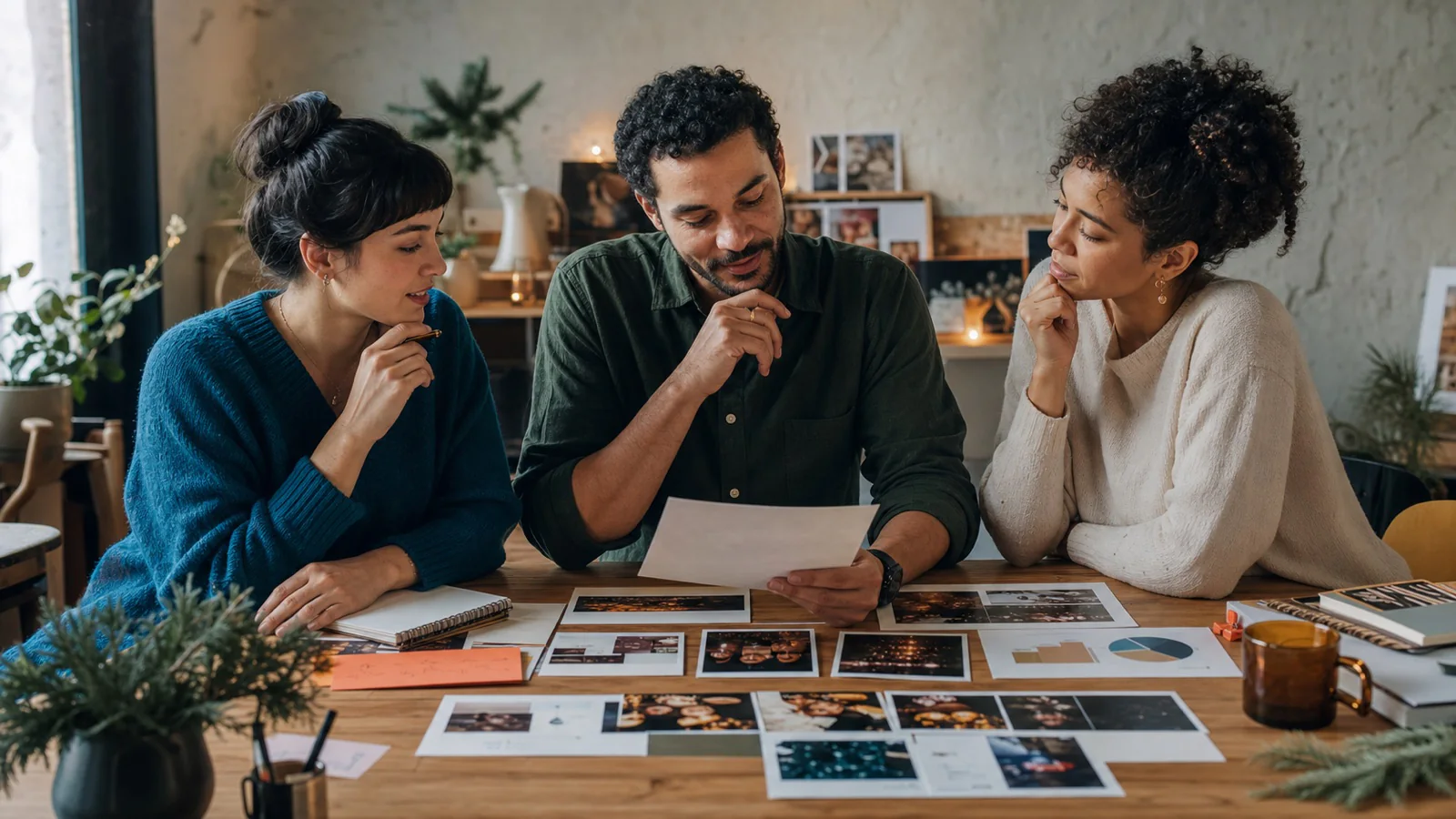 Equipe criativa em roupas casuais revisa fotografias, comentários e materiais de uma campanha de fim de ano em um estúdio