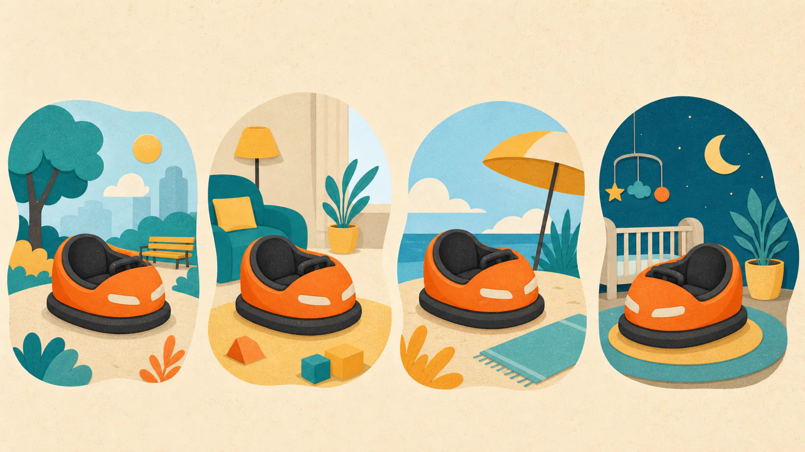 Ilustração apresenta o mesmo objeto laranja em quatro situações de campanha