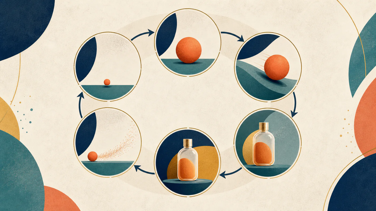 Ilustração mostra uma esfera se transformando em produto dentro de um ciclo contínuo