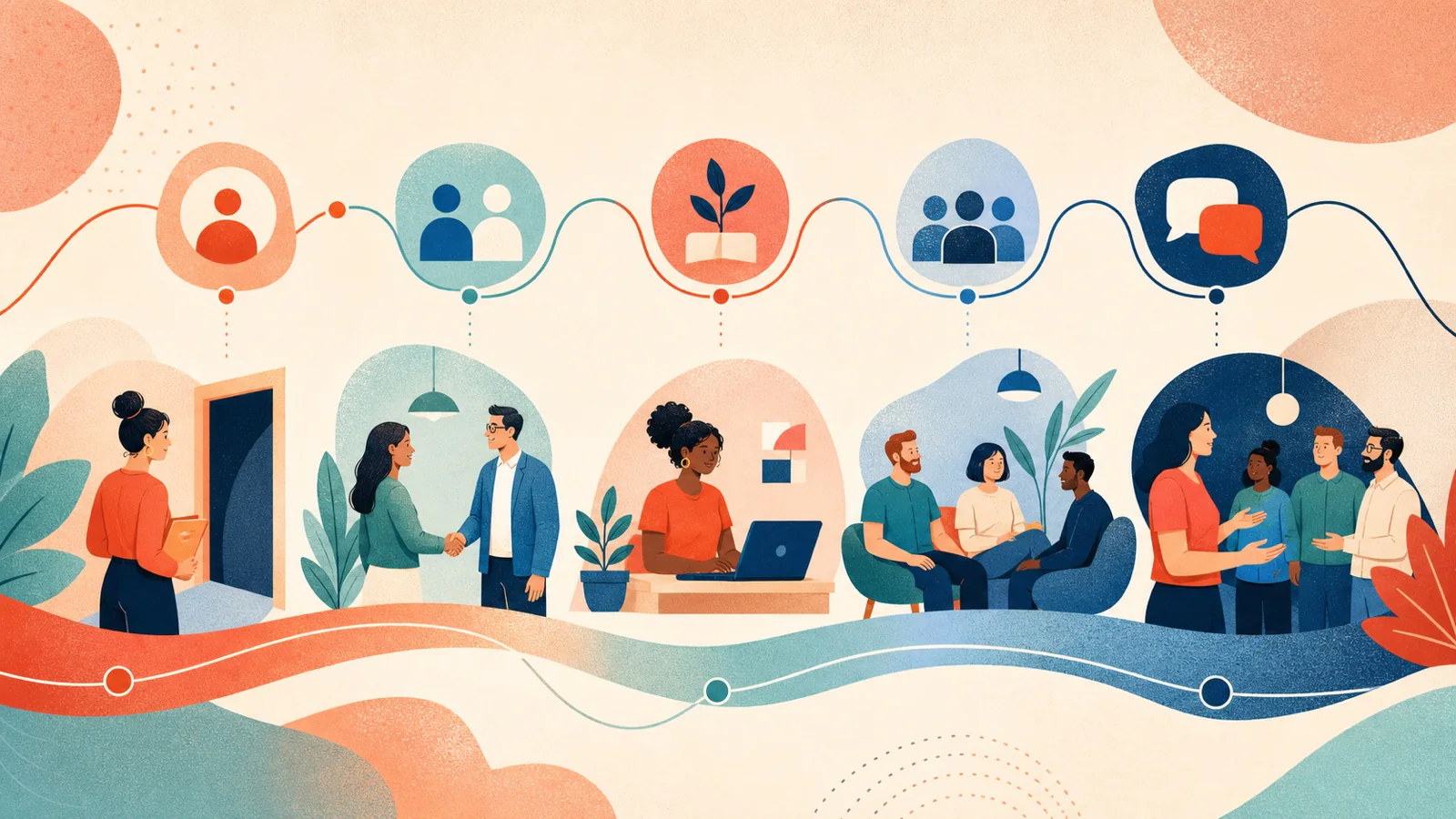 Ilustração conecta atração, experiência, aprendizagem, retenção e reputação de uma marca empregadora