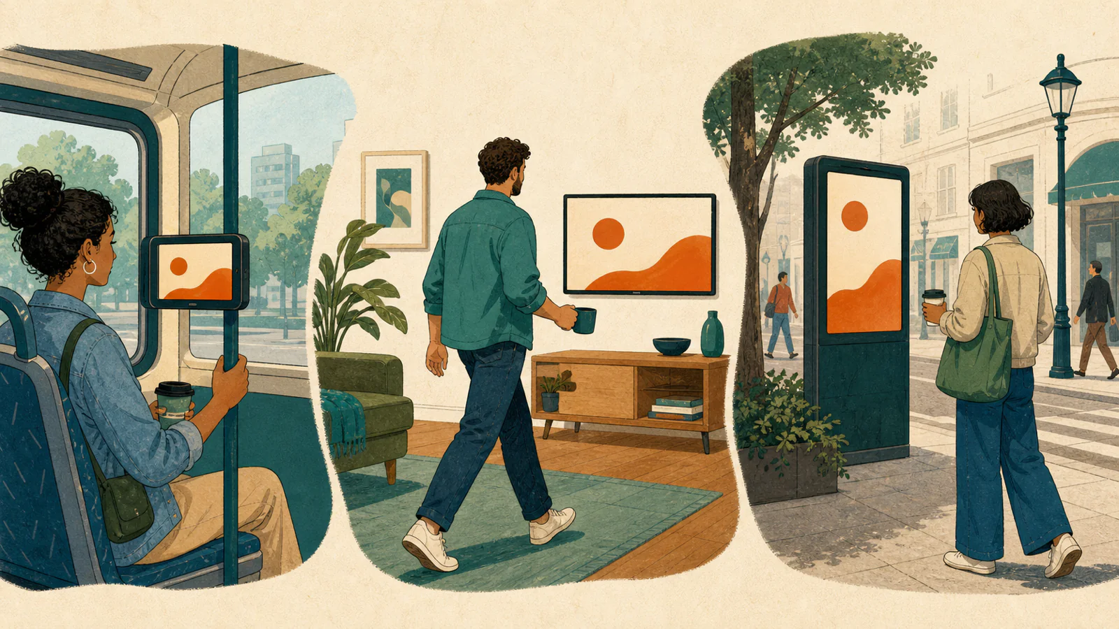 Ilustração mostra a mesma campanha adaptada a três contextos de público