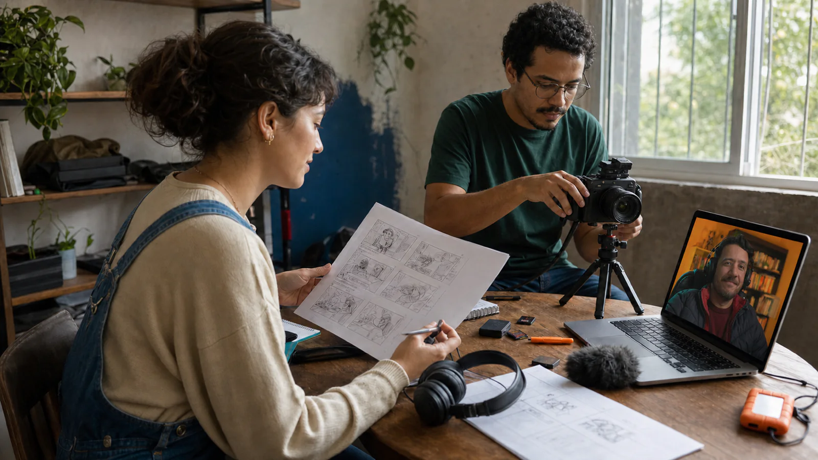 Freelancers da Dumela revisam storyboard e câmera com Bill participando por notebook