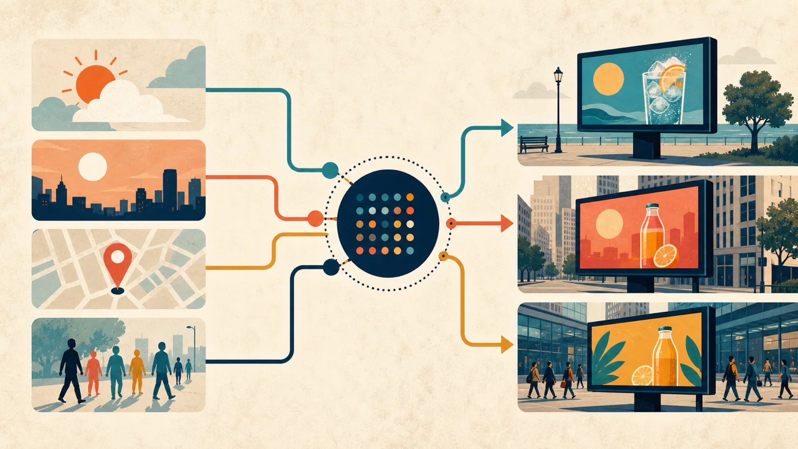 Ilustração mostra clima, horário, localização e fluxo direcionando variações de campanha