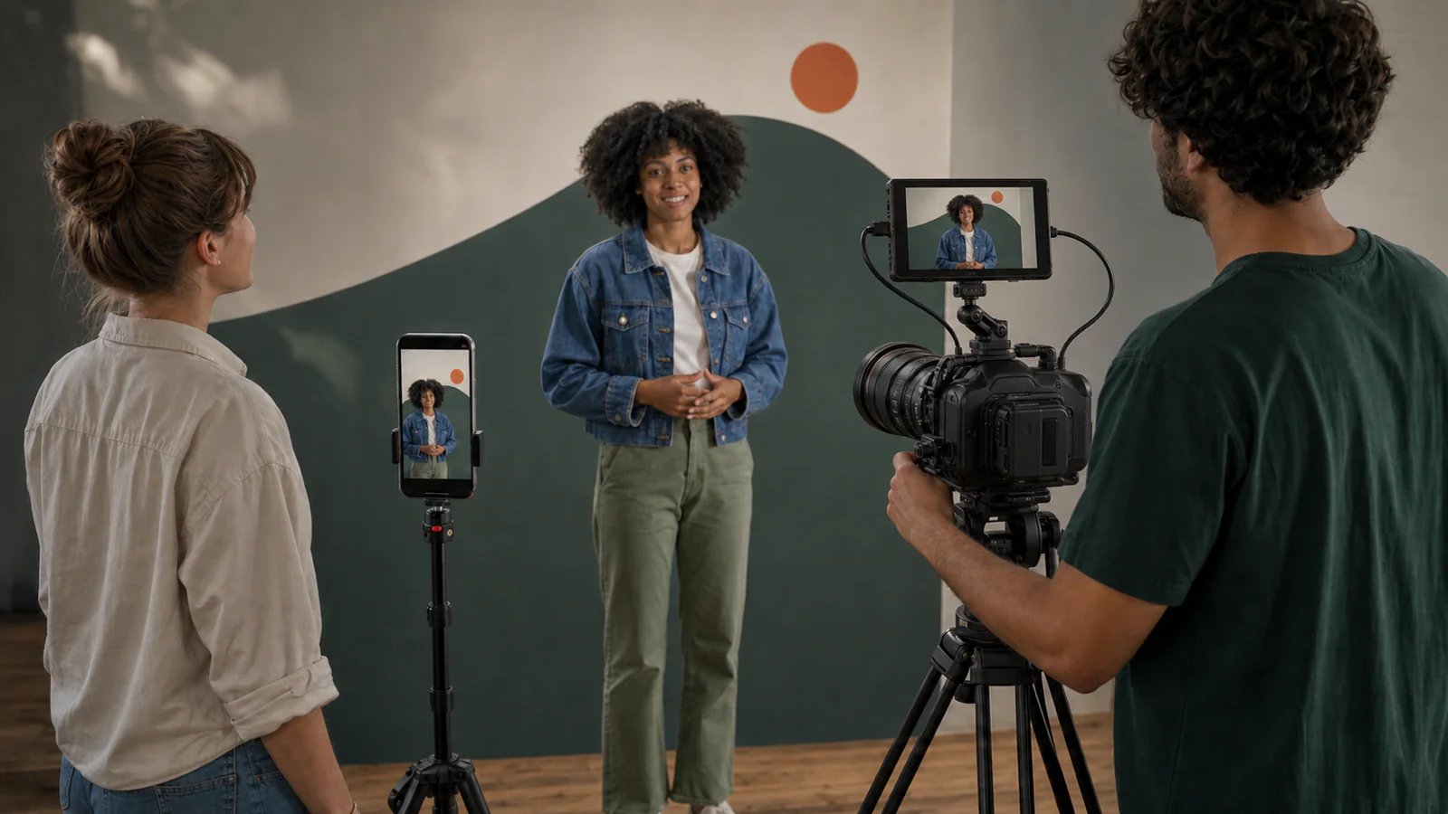 Equipe grava uma apresentadora em formatos horizontal e vertical com câmera de cinema compacta