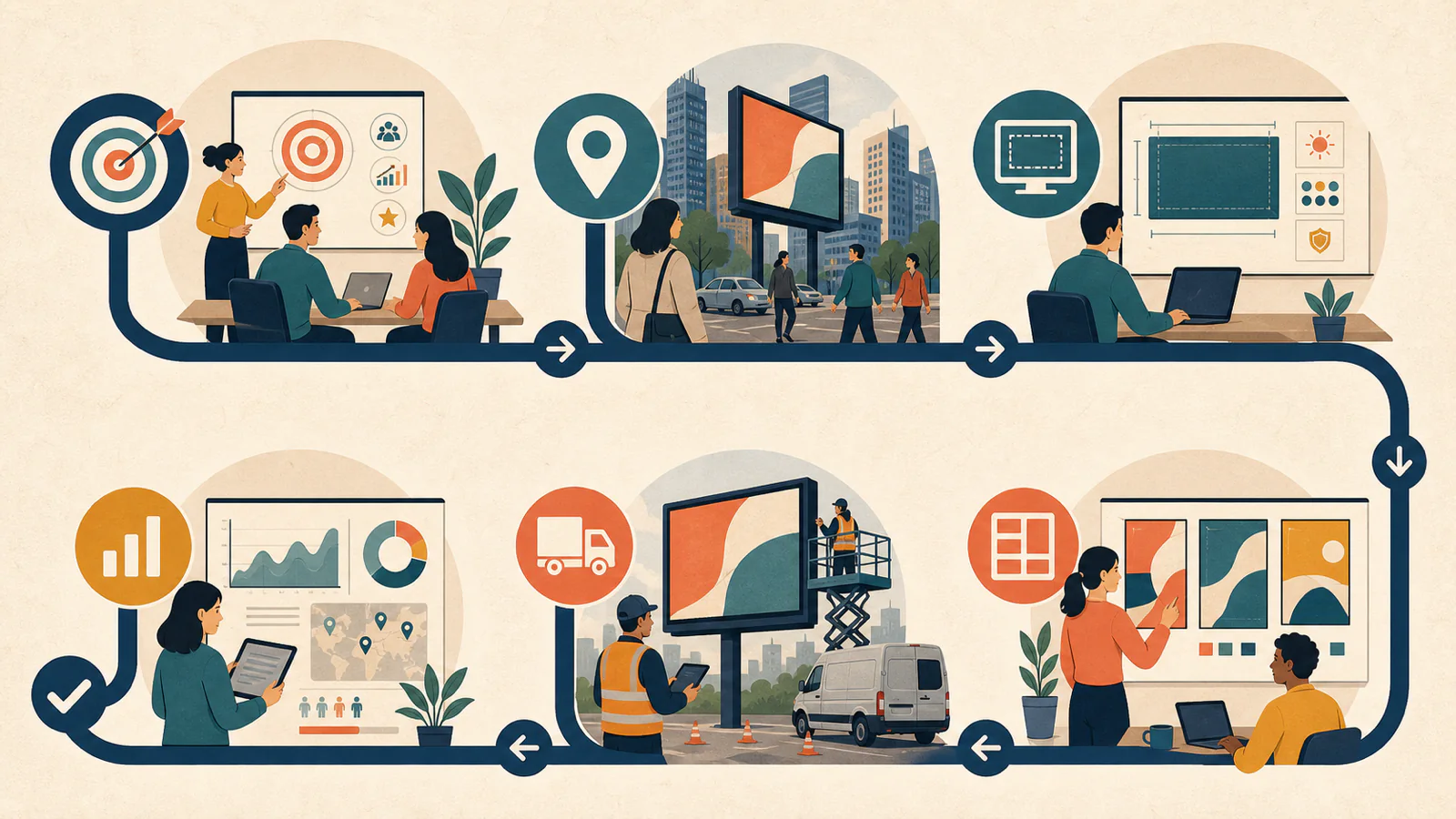 Ilustração conecta objetivo, local, especificações, variações, operação e mensuração