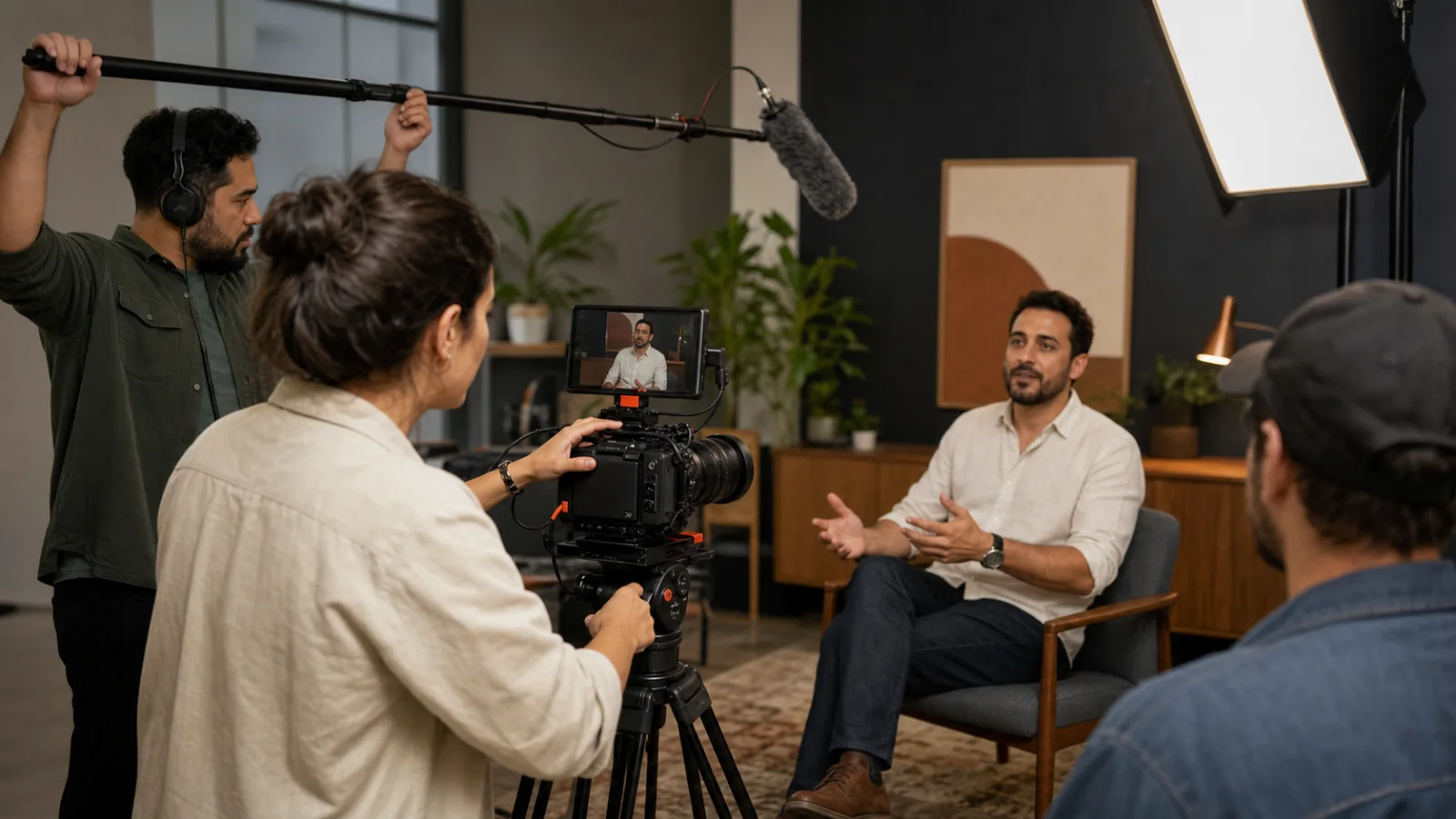 Equipe da Dumela grava uma entrevista com câmera, iluminação e microfone em um set audiovisual.