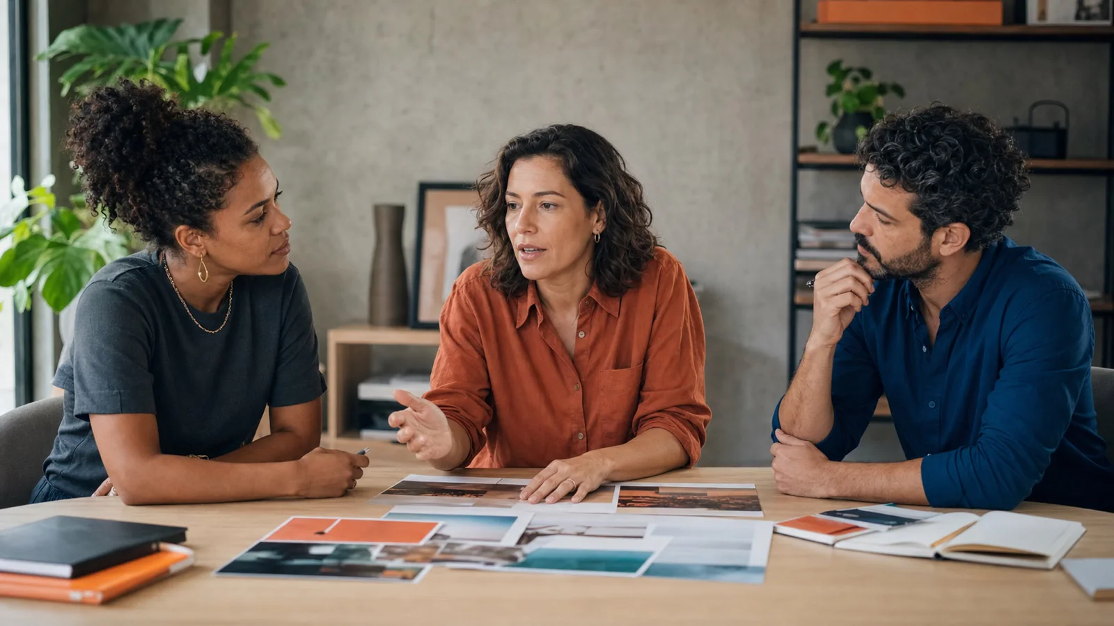 Três profissionais conversam e analisam referências antes de construir uma narrativa para apresentação comercial