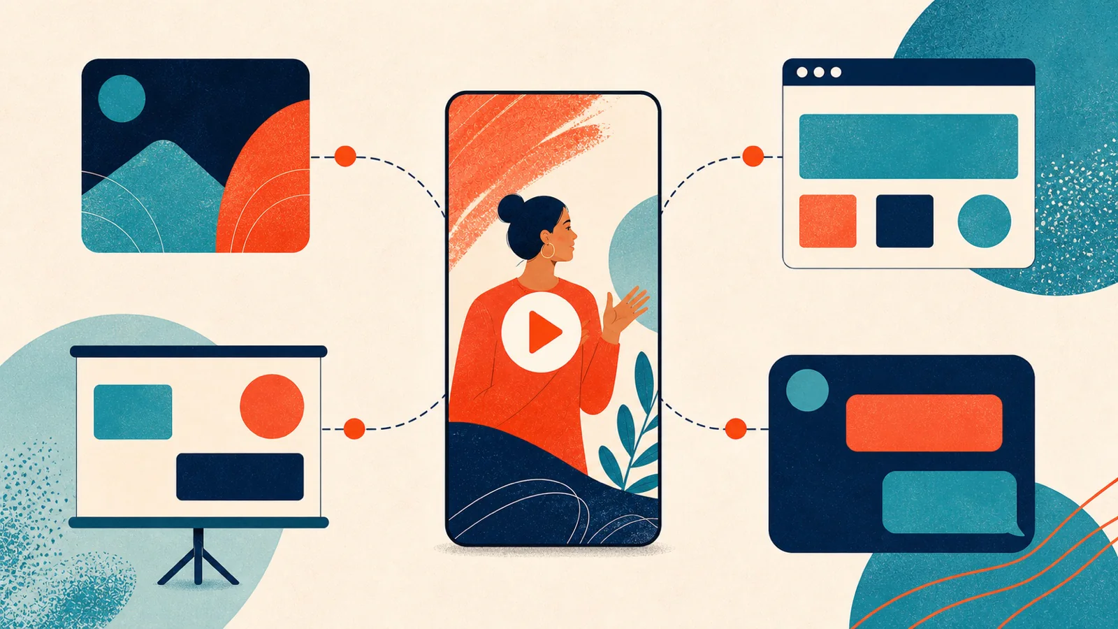 Ilustração mostra um vídeo sendo adaptado para Instagram, site, apresentações e outros canais