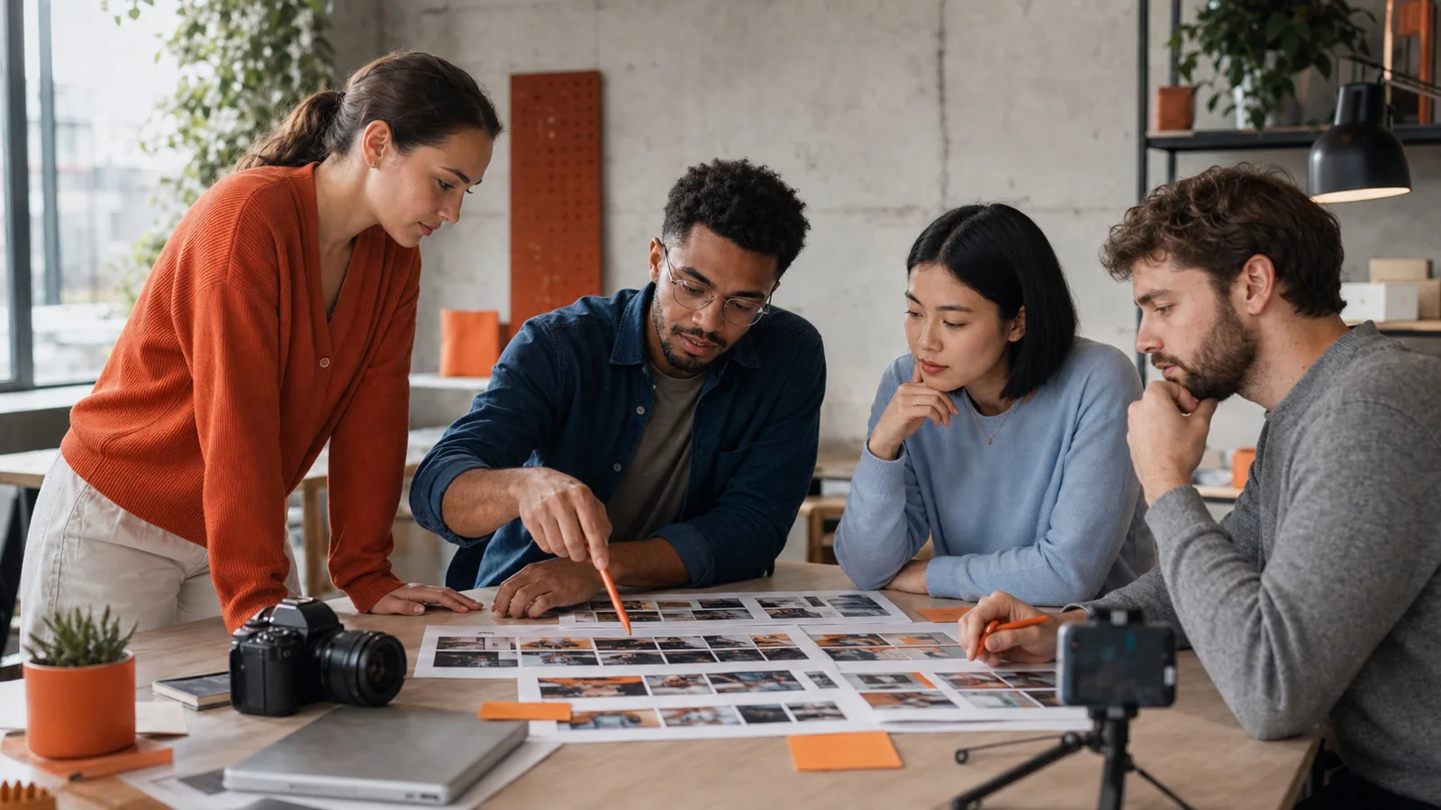 Equipe de marketing planeja uma estratégia de vídeos para Instagram com storyboard, câmera e smartphone