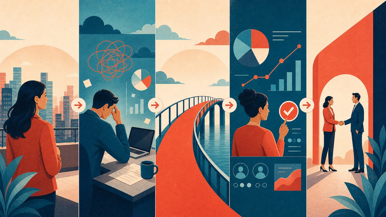 Ilustração da sequência narrativa entre contexto, problema, transformação, prova e decisão