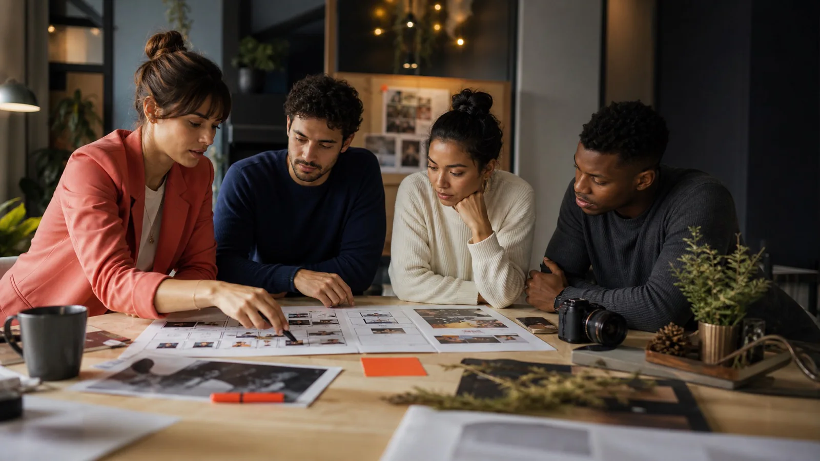 Equipe de criação revisa storyboards para uma campanha corporativa de Natal com câmera e elementos sazonais discretos