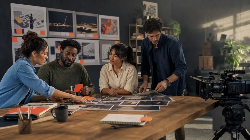 Equipes de marcas parceiras desenvolvem juntas uma narrativa audiovisual diante de storyboards e câmera