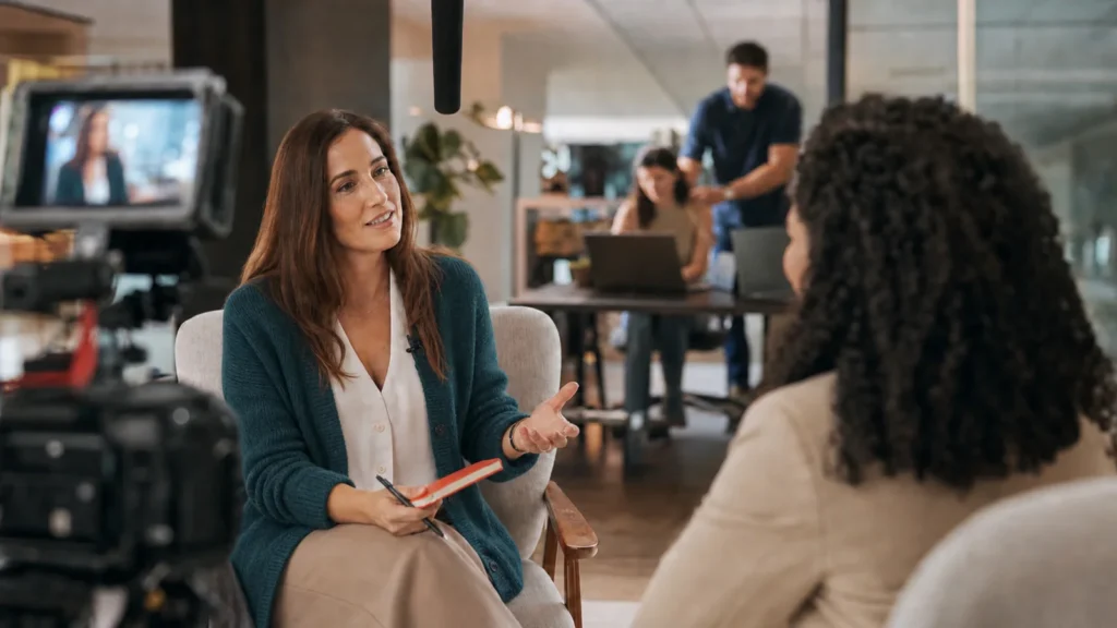 Profissional conduz entrevista documental com colaboradora em ambiente de trabalho durante produção de employer branding