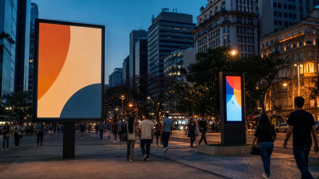 Pessoas circulam diante de painéis digitais em um ambiente urbano