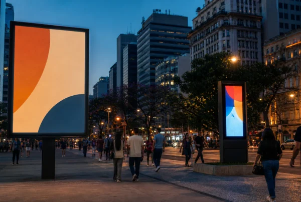 Pessoas circulam diante de painéis digitais em um ambiente urbano