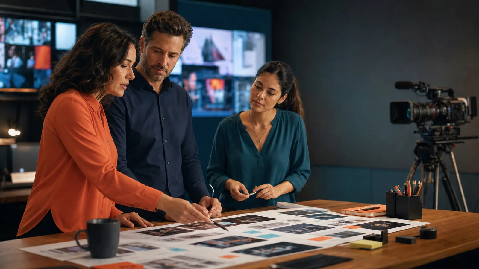 Equipe de marketing e vendas planeja uma narrativa de vídeo B2B diante de storyboards e câmera de produção