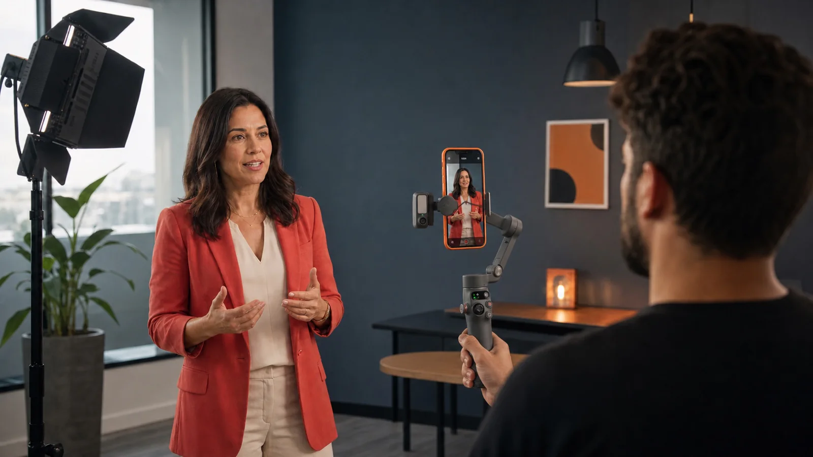 Cinegrafista grava executiva com iPhone 17 Pro laranja montado verticalmente em um gimbal DJI