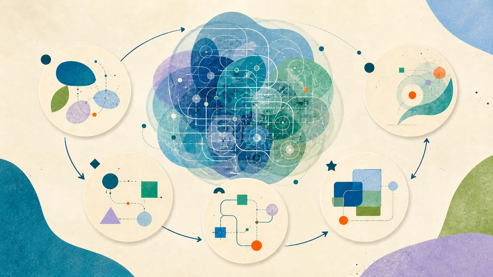 Ilustração de um conceito complexo sendo organizado em etapas visuais