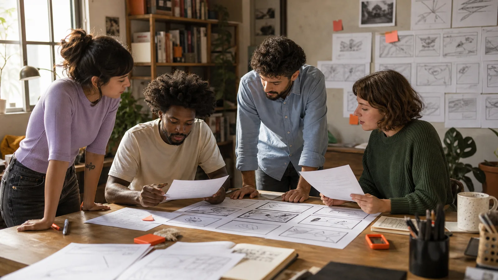 Equipe criativa revisando roteiro e storyboard em uma mesa de trabalho