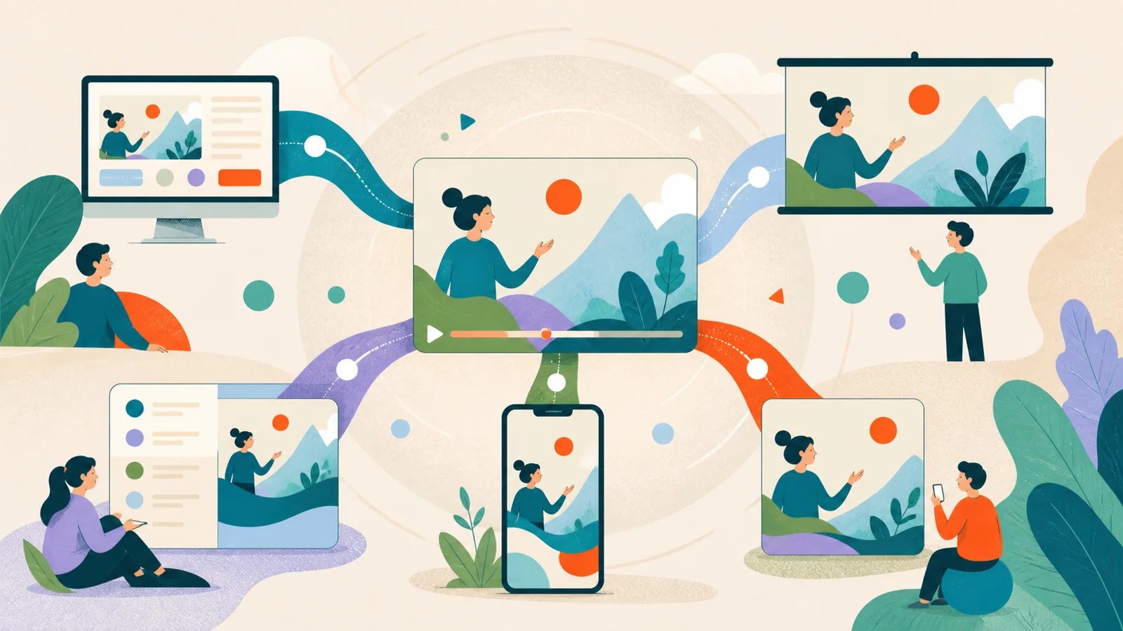 Ilustração de um vídeo principal adaptado para site, apresentação, treinamento, celular e redes sociais