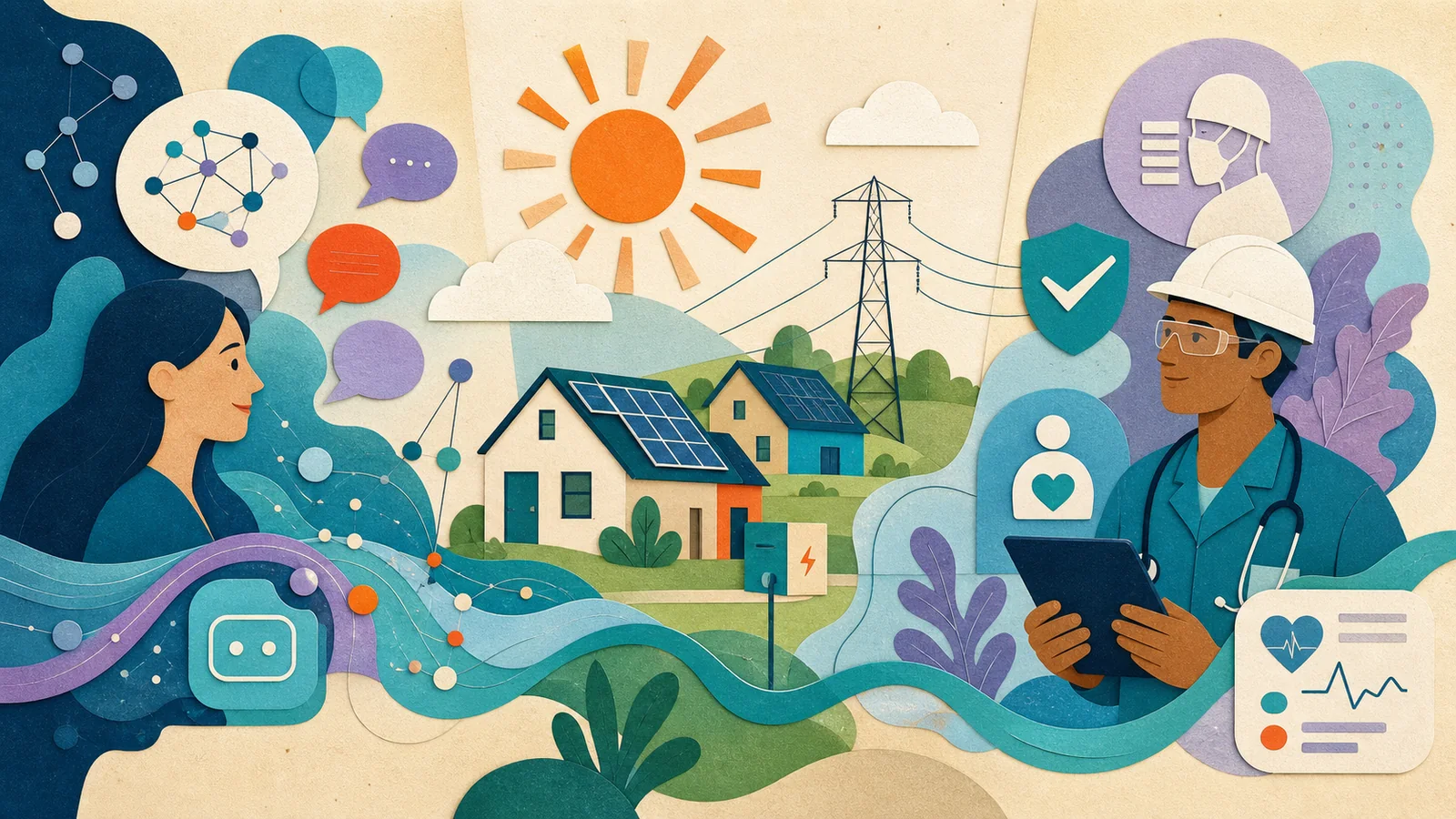 Ilustração integrando aplicações de vídeos explicativos em tecnologia, energia e saúde