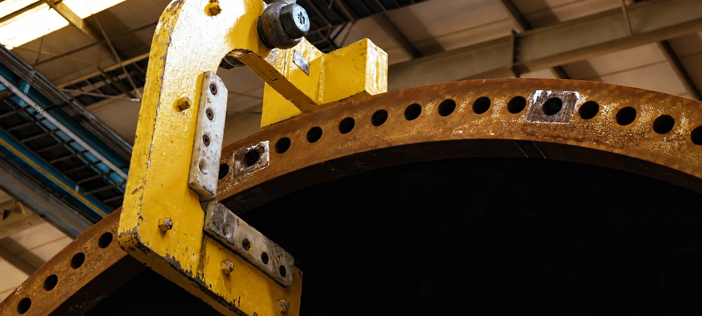Detalhe industrial da fabricação de uma seção de torre eólica da Windar Brasil.